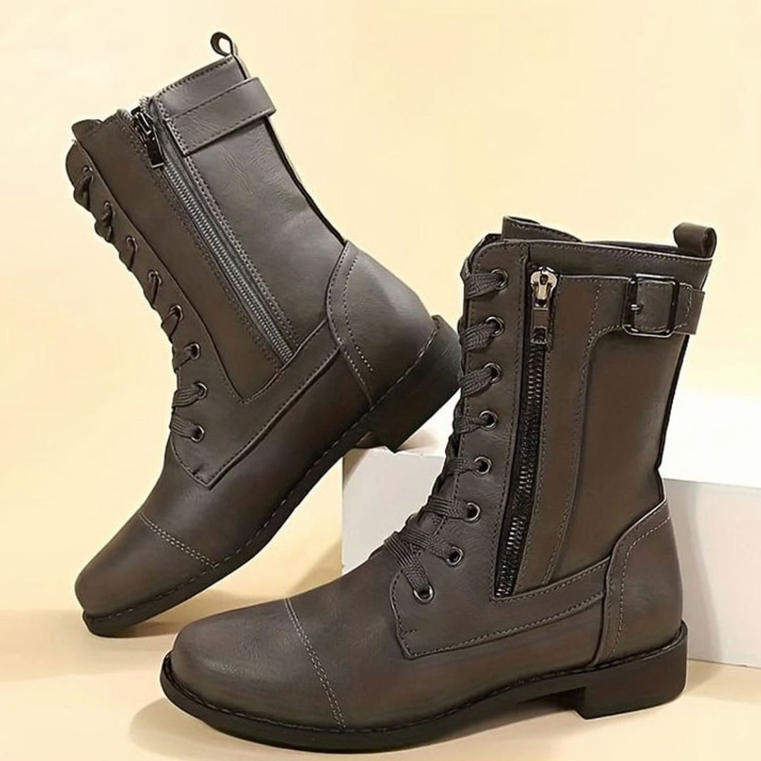 Nora | Women's Combat Lace-Up Side-Zip Ankle Boots Buckle Detail