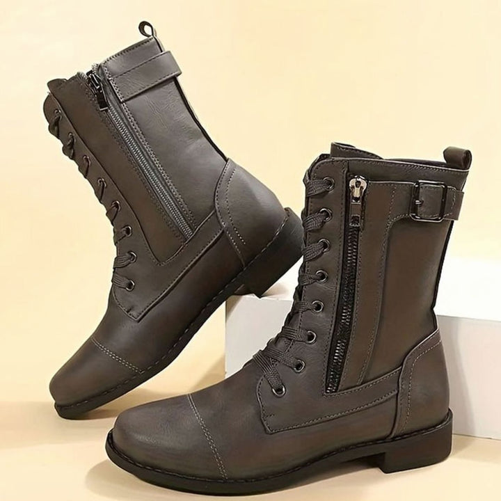 Nora | Women's Combat Lace-Up Side-Zip Ankle Boots Buckle Detail