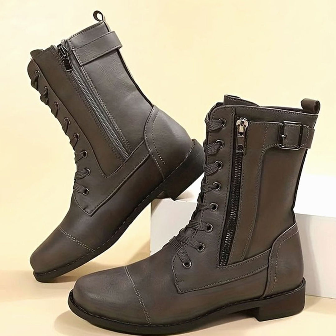 Nora | Women's Combat Lace-Up Side-Zip Ankle Boots Buckle Detail