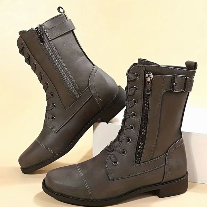 Nora | Women's Combat Lace-Up Side-Zip Ankle Boots Buckle Detail