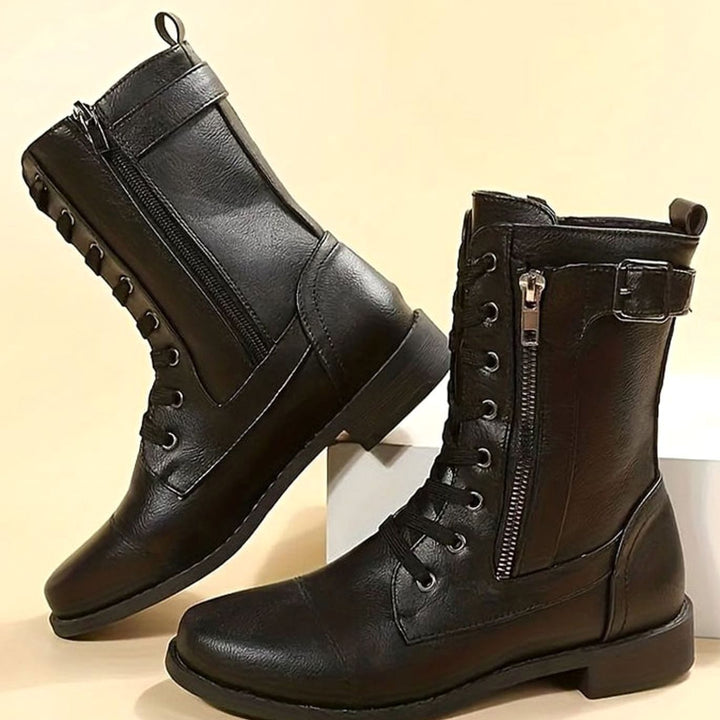 Nora | Women's Combat Lace-Up Side-Zip Ankle Boots Buckle Detail
