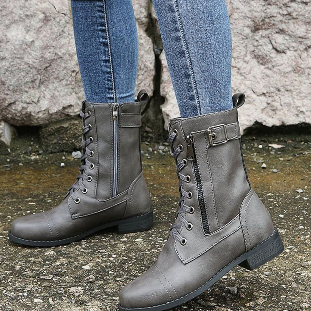 Nora | Women's Combat Lace-Up Side-Zip Ankle Boots Buckle Detail