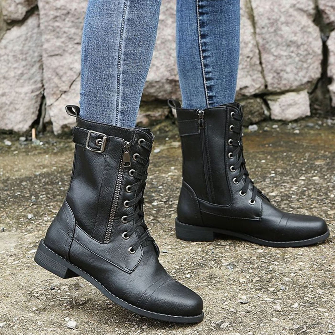Nora | Women's Combat Lace-Up Side-Zip Ankle Boots Buckle Detail