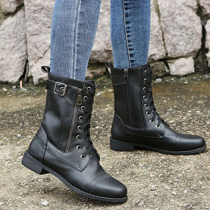 Nora | Women's Combat Lace-Up Side-Zip Ankle Boots Buckle Detail