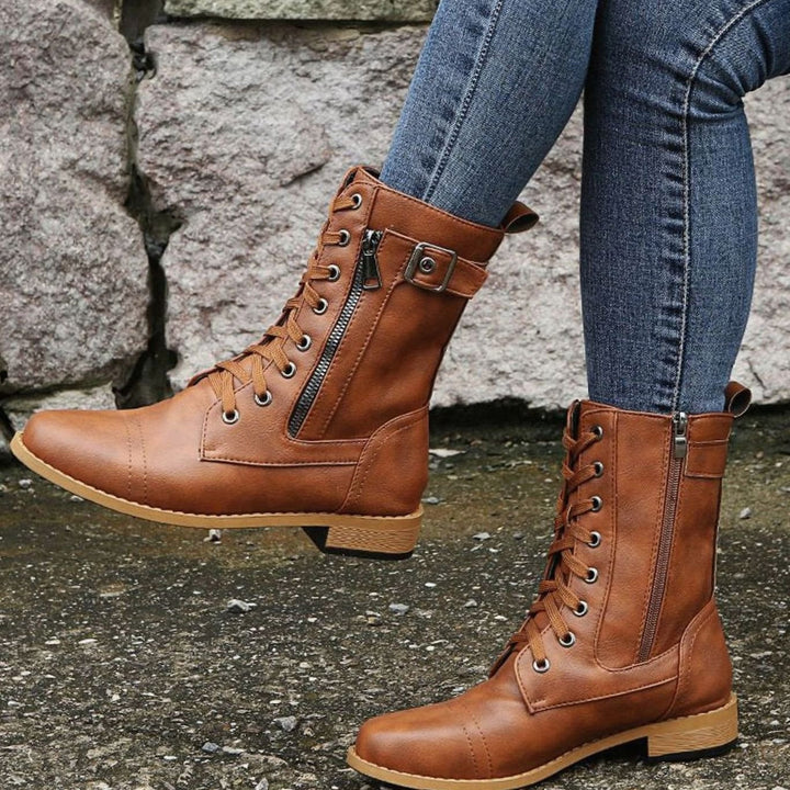 Nora | Women's Combat Lace-Up Side-Zip Ankle Boots Buckle Detail