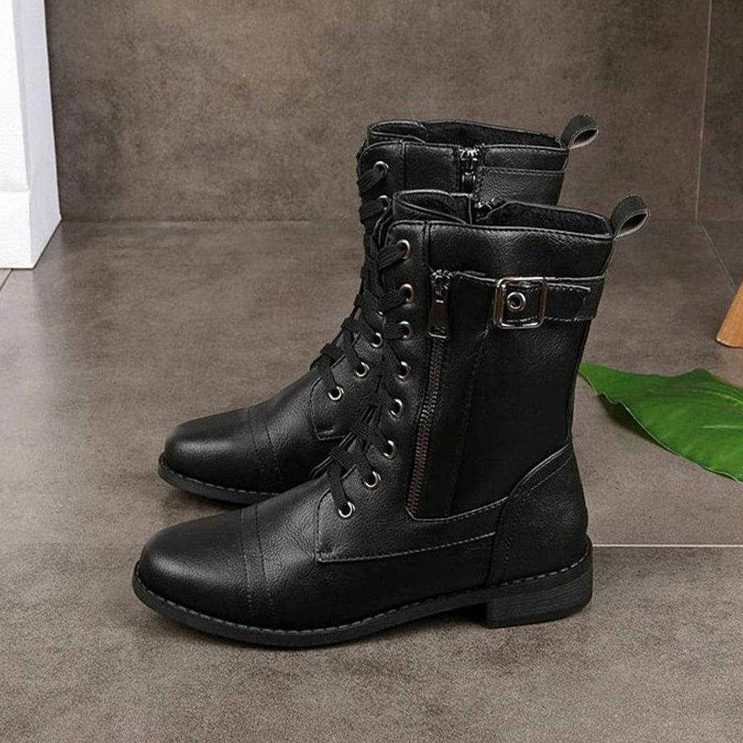 Nora | Women's Combat Lace-Up Side-Zip Ankle Boots Buckle Detail