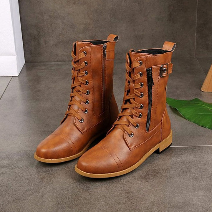 Nora | Women's Combat Lace-Up Side-Zip Ankle Boots Buckle Detail
