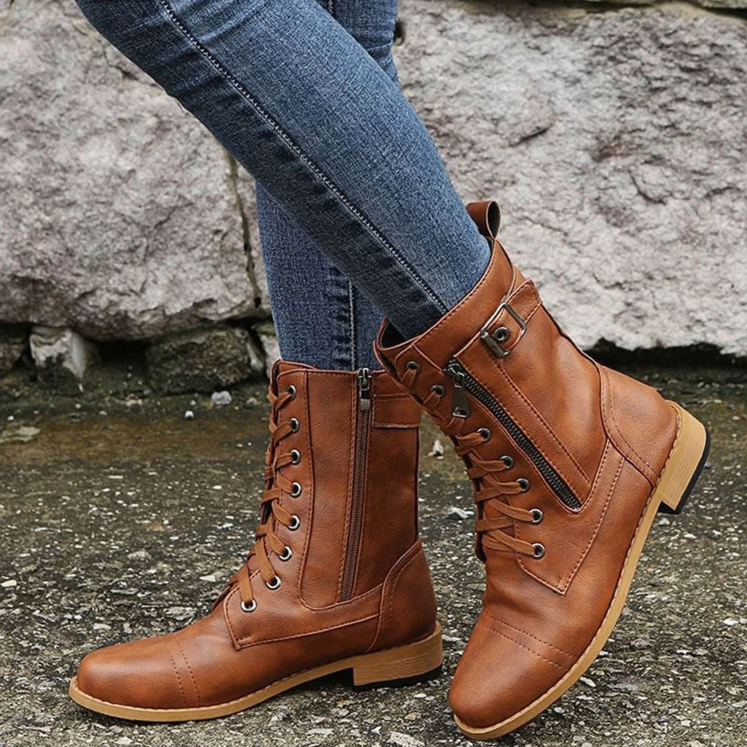 Nora | Women's Combat Lace-Up Side-Zip Ankle Boots Buckle Detail