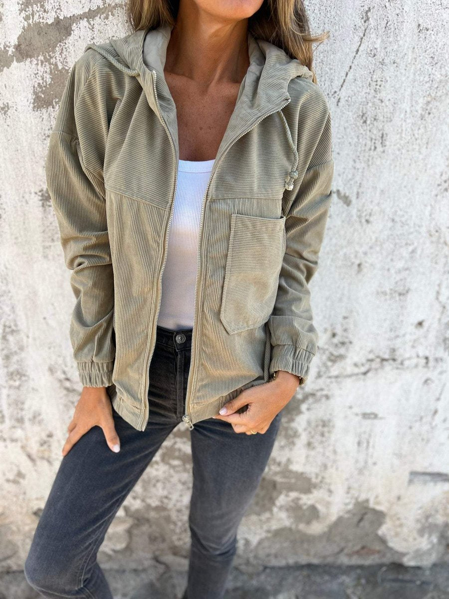 Evelyn | Women's Corduroy Hooded Zip-Up Quilted Jacket Oversized Fit