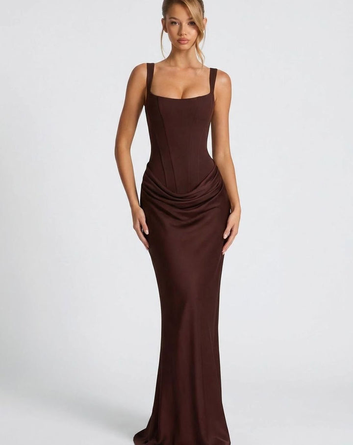 Amelia | Women's Corset-Bodice Draped Square-Neck Satin Maxi Dress