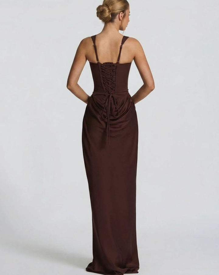 Amelia | Women's Corset-Bodice Draped Square-Neck Satin Maxi Dress