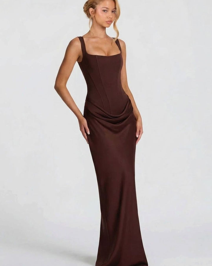 Amelia | Women's Corset-Bodice Draped Square-Neck Satin Maxi Dress