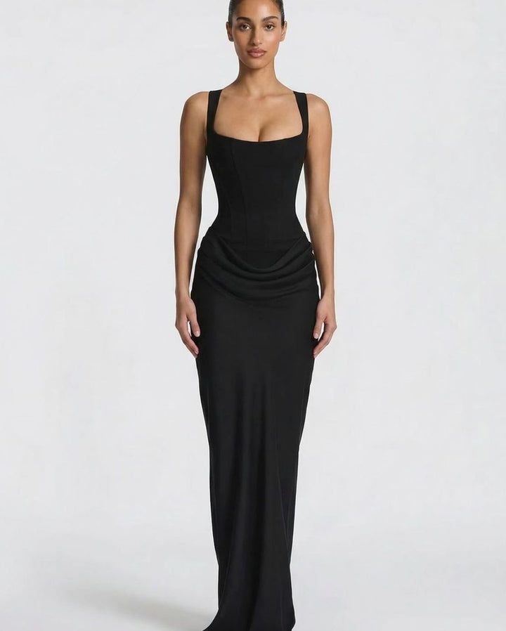 Amelia | Women's Corset-Bodice Draped Square-Neck Satin Maxi Dress