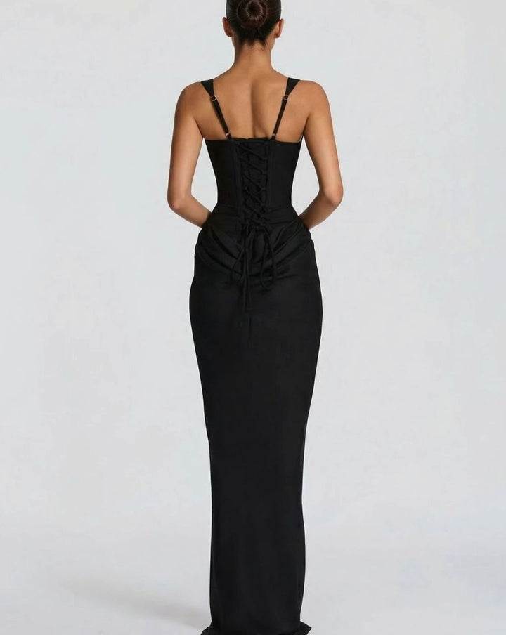 Amelia | Women's Corset-Bodice Draped Square-Neck Satin Maxi Dress
