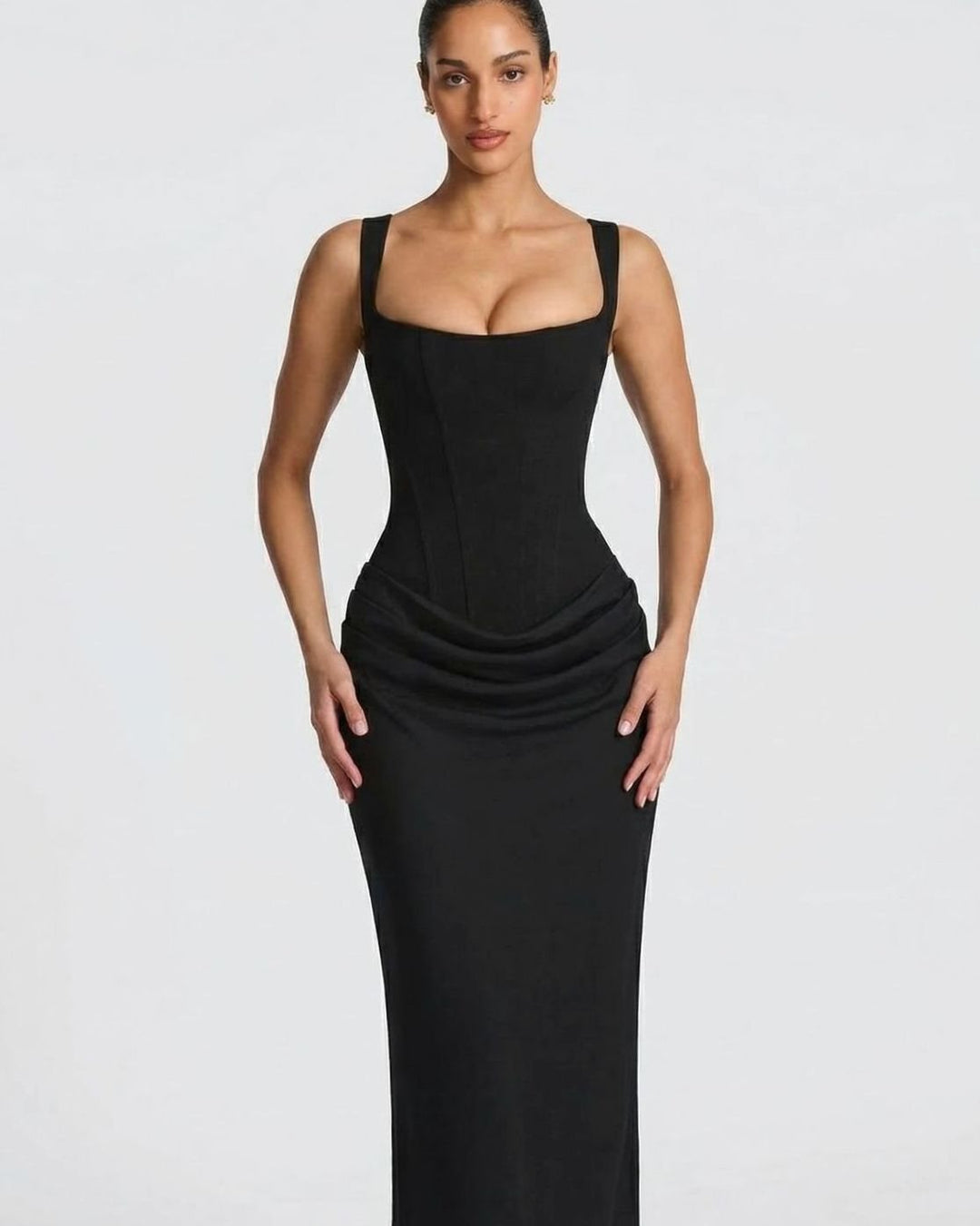 Amelia | Women's Corset-Bodice Draped Square-Neck Satin Maxi Dress