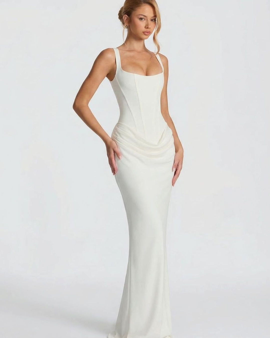Amelia | Women's Corset-Bodice Draped Square-Neck Satin Maxi Dress