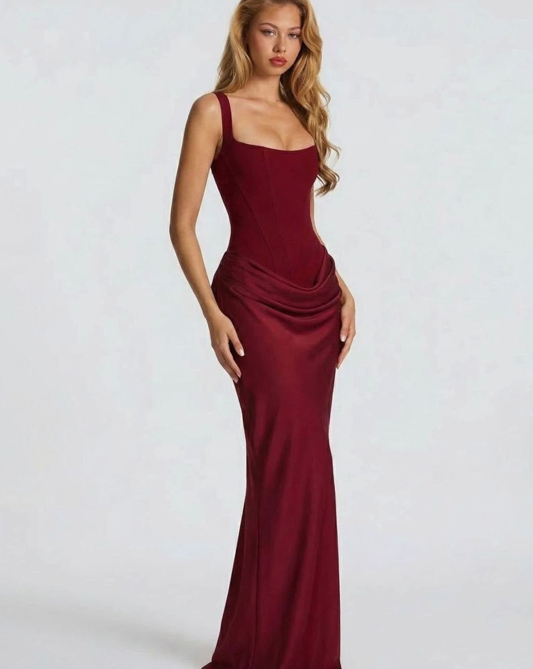 Amelia | Women's Corset-Bodice Draped Square-Neck Satin Maxi Dress