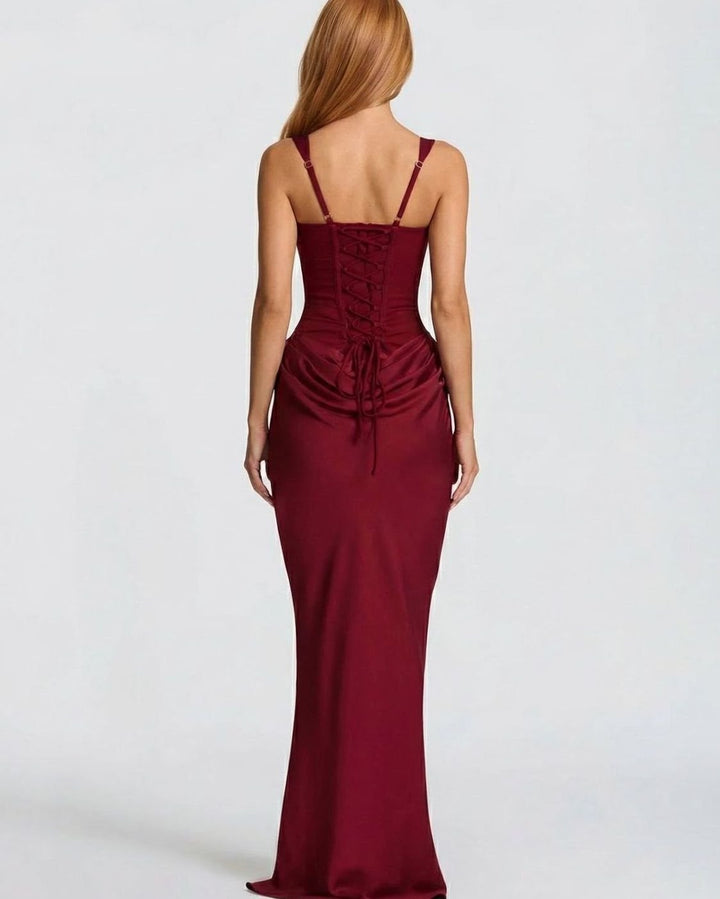 Amelia | Women's Corset-Bodice Draped Square-Neck Satin Maxi Dress