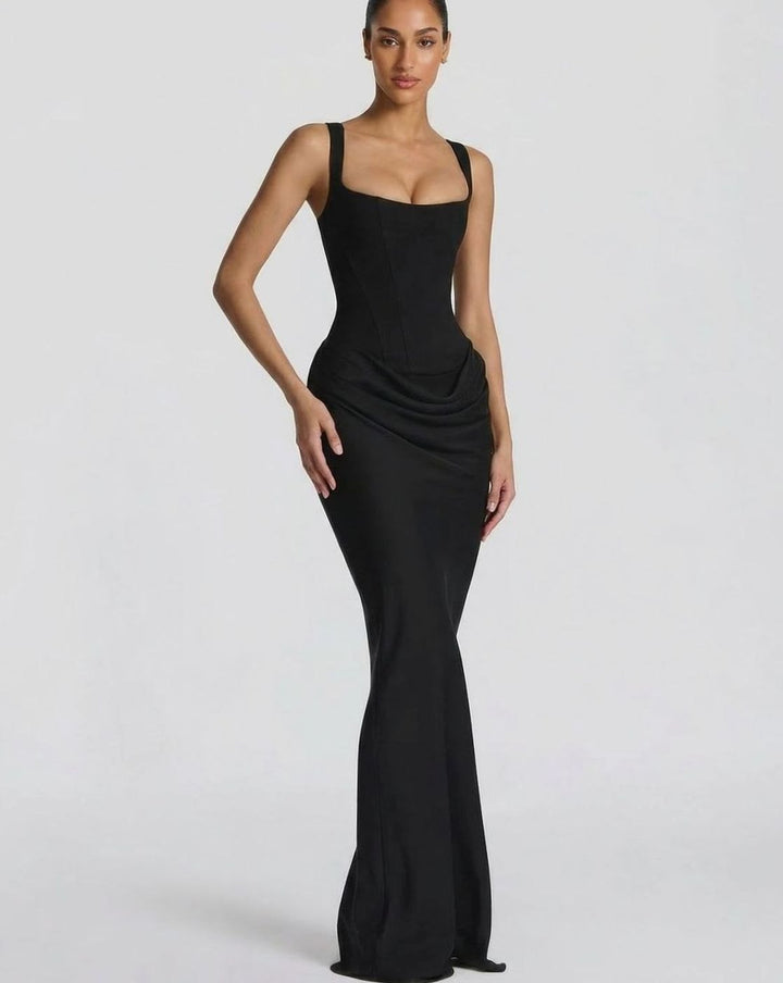 Amelia | Women's Corset-Bodice Draped Square-Neck Satin Maxi Dress