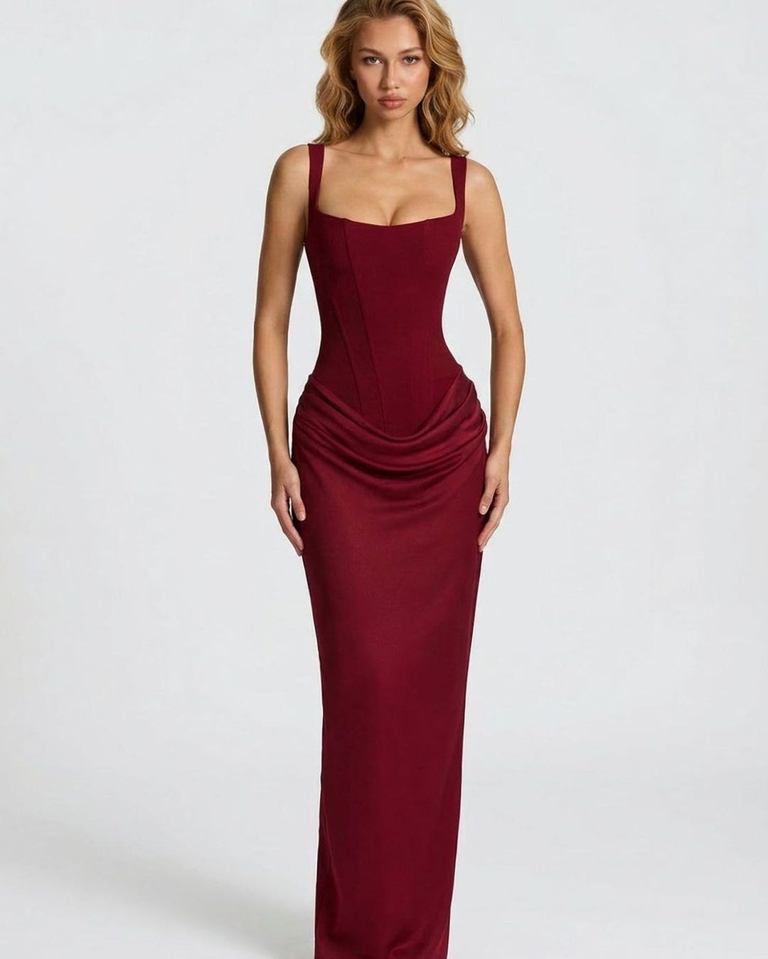 Amelia | Women's Corset-Bodice Draped Square-Neck Satin Maxi Dress