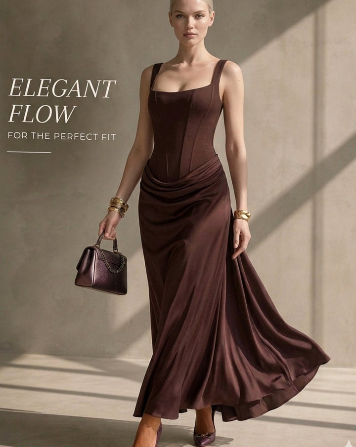 Amelia | Women's Corset-Bodice Draped Square-Neck Satin Maxi Dress