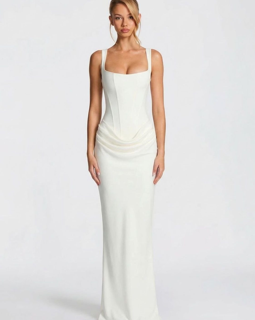 Amelia | Women's Corset-Bodice Draped Square-Neck Satin Maxi Dress