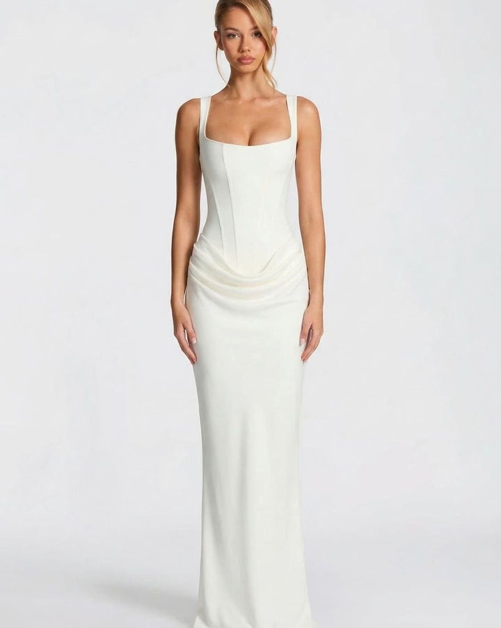 Amelia | Women's Corset-Bodice Draped Square-Neck Satin Maxi Dress