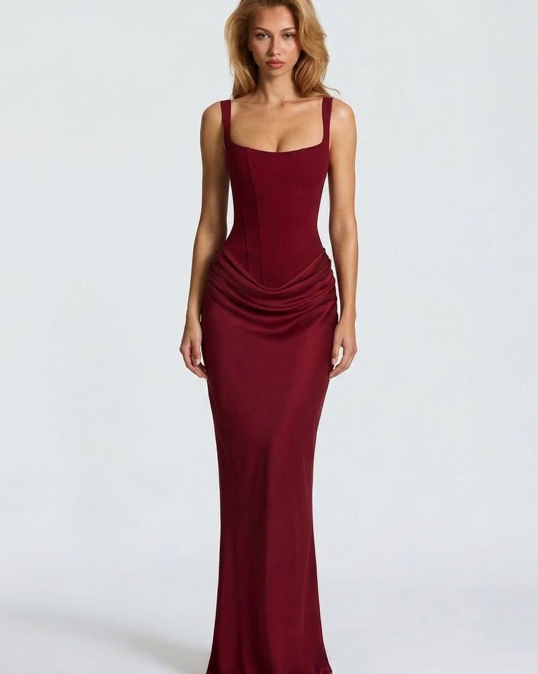 Amelia | Women's Corset-Bodice Draped Square-Neck Satin Maxi Dress