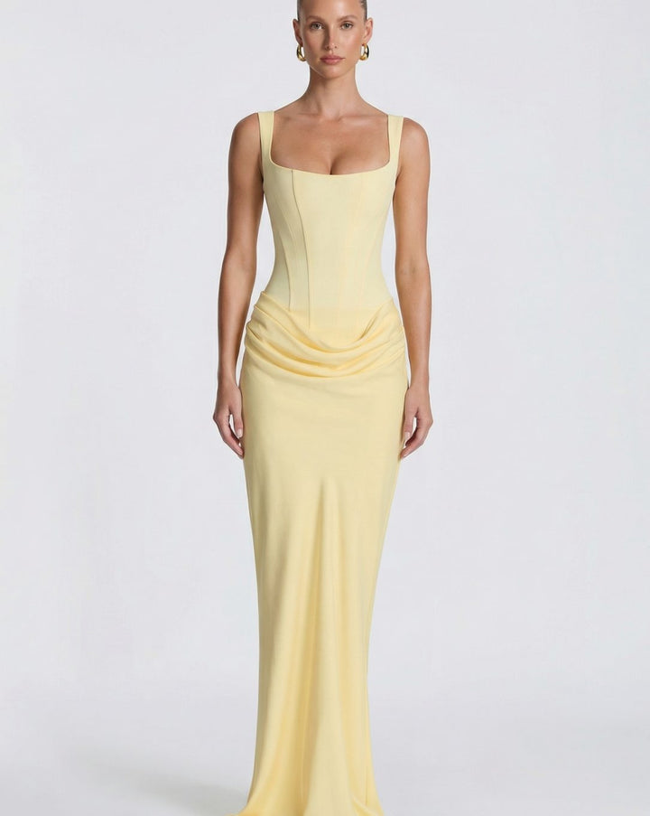 Amelia | Women's Corset-Bodice Draped Square-Neck Satin Maxi Dress