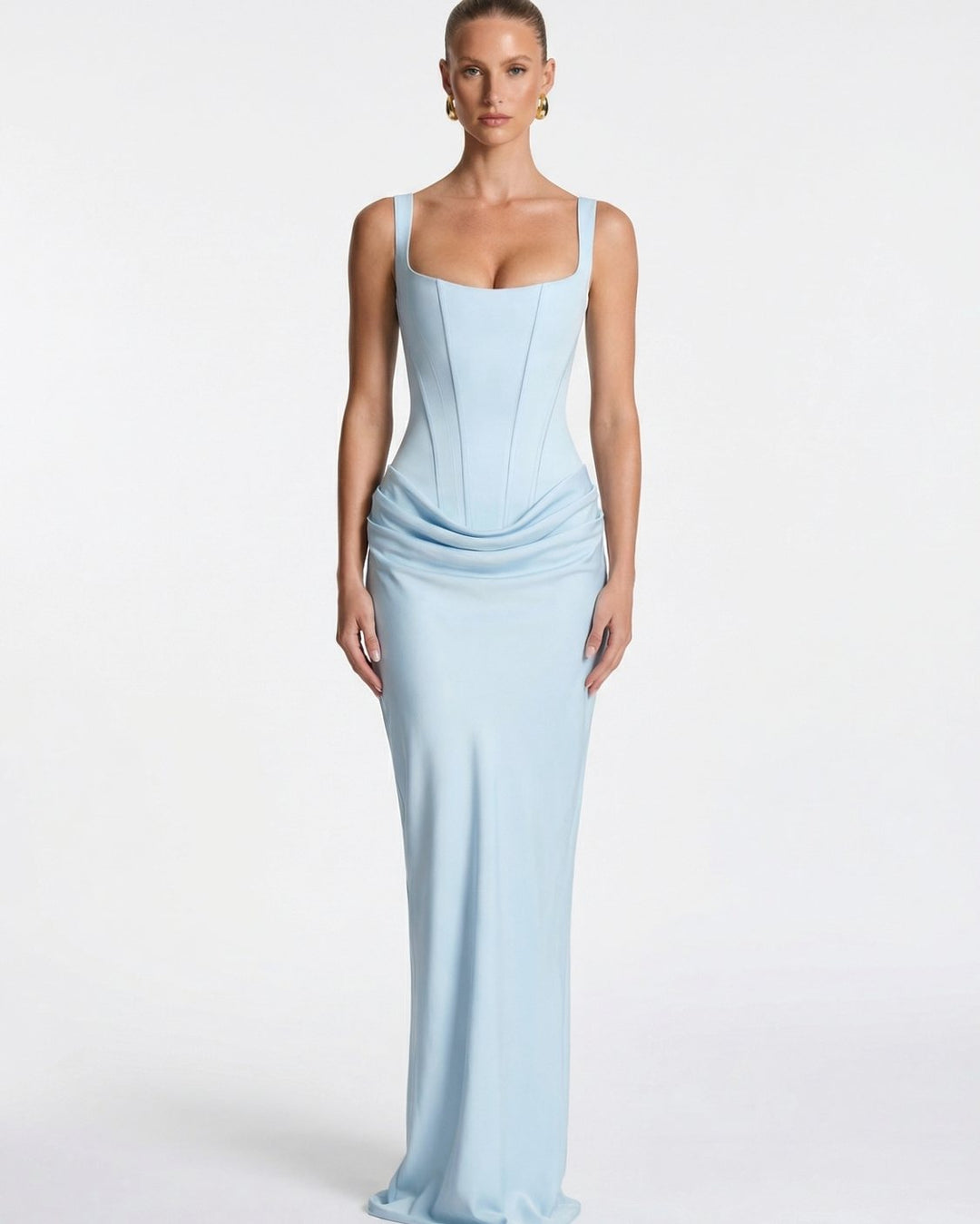 Amelia | Women's Corset-Bodice Draped Square-Neck Satin Maxi Dress
