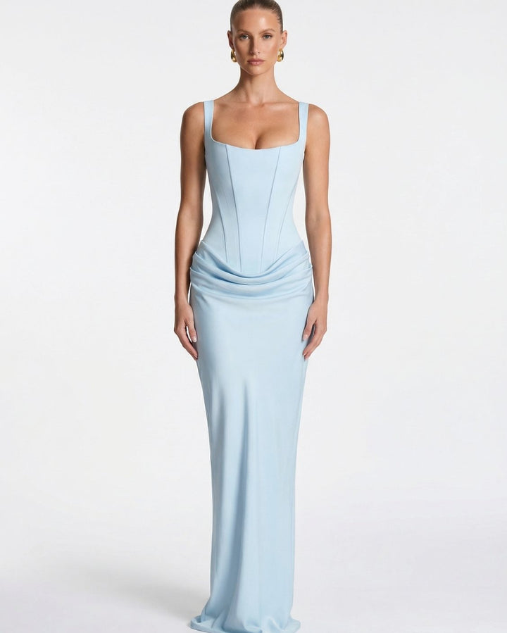 Amelia | Women's Corset-Bodice Draped Square-Neck Satin Maxi Dress