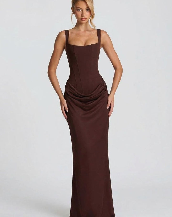 Amelia | Women's Corset-Bodice Draped Square-Neck Satin Maxi Dress