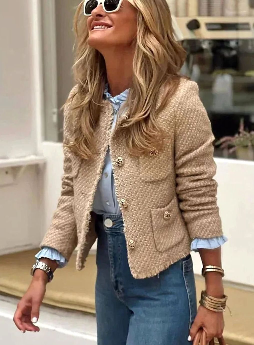 Isabella | Women's Cropped Tweed Blazer Elegant Gold-Button Front