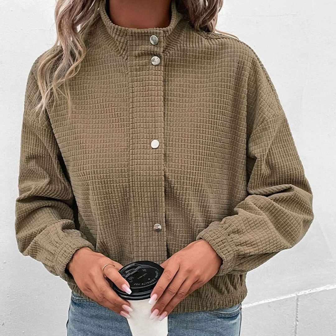 Evelyn | Women's Cropped Waffle-Knit Button-Front Stand-Collar Jacket