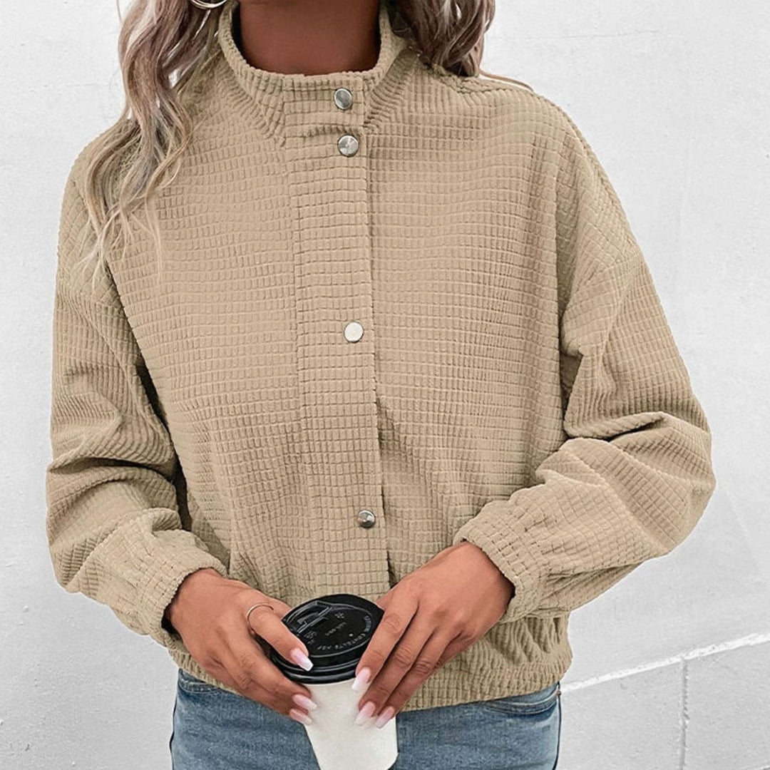 Evelyn | Women's Cropped Waffle-Knit Button-Front Stand-Collar Jacket