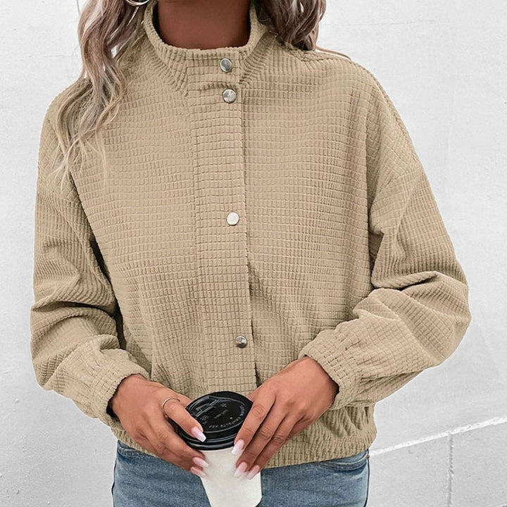 Evelyn | Women's Cropped Waffle-Knit Button-Front Stand-Collar Jacket
