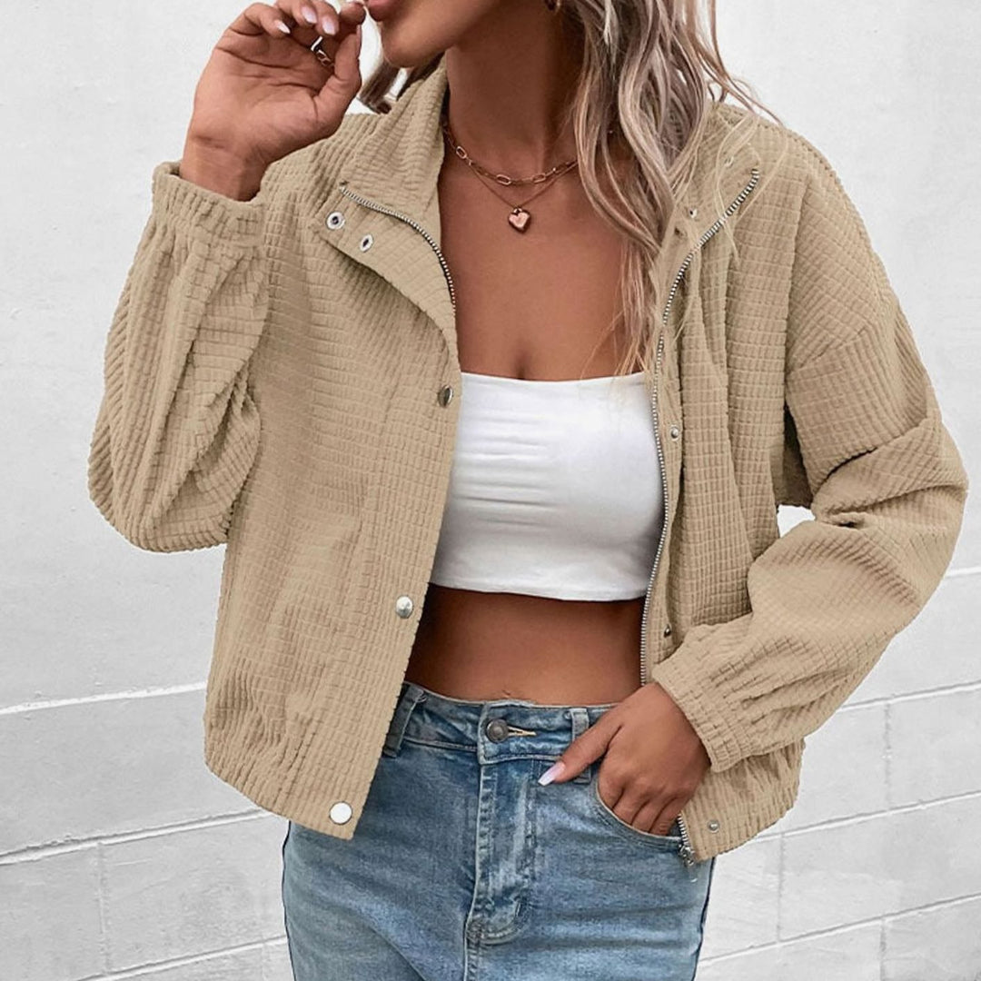 Evelyn | Women's Cropped Waffle-Knit Button-Front Stand-Collar Jacket