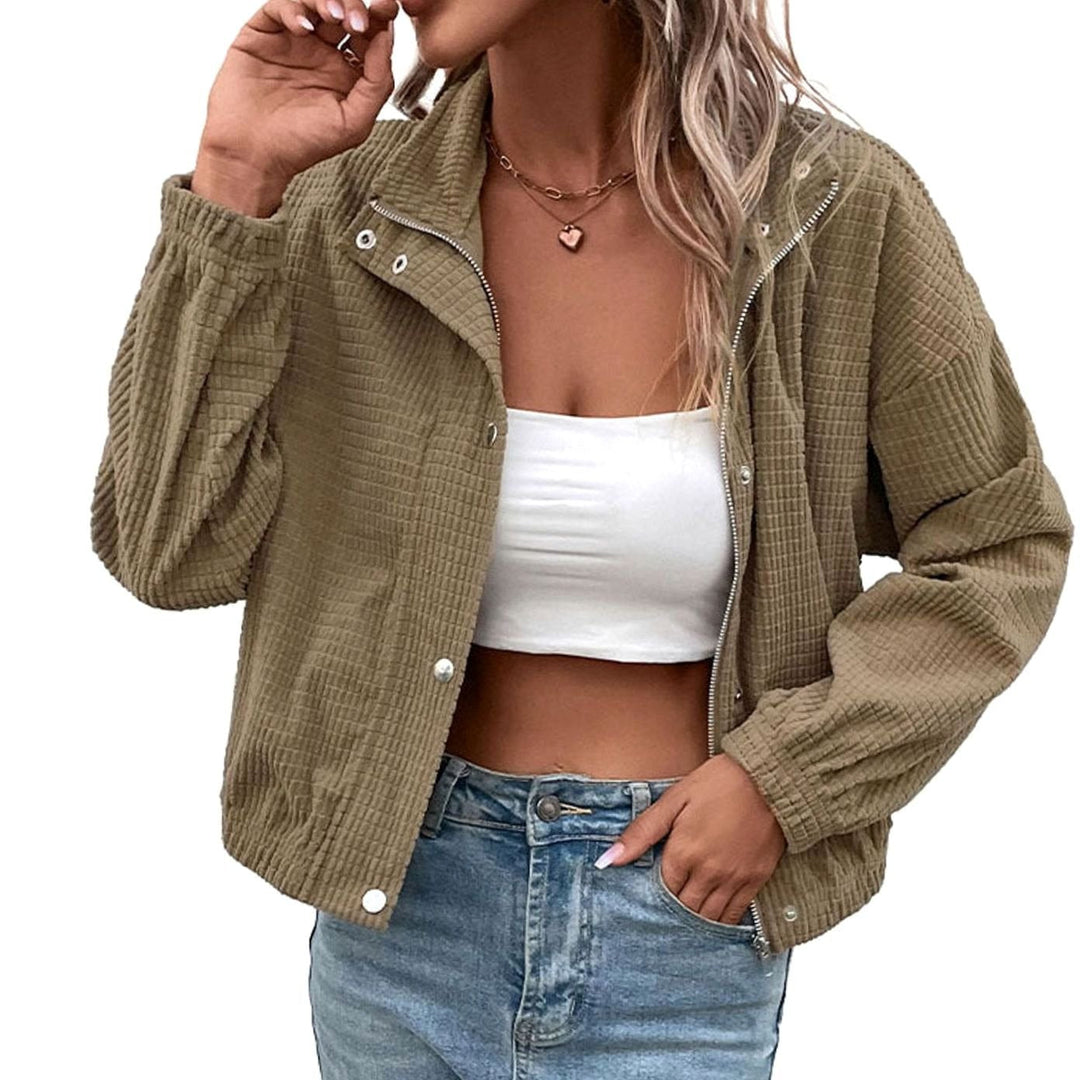 Evelyn | Women's Cropped Waffle-Knit Button-Front Stand-Collar Jacket