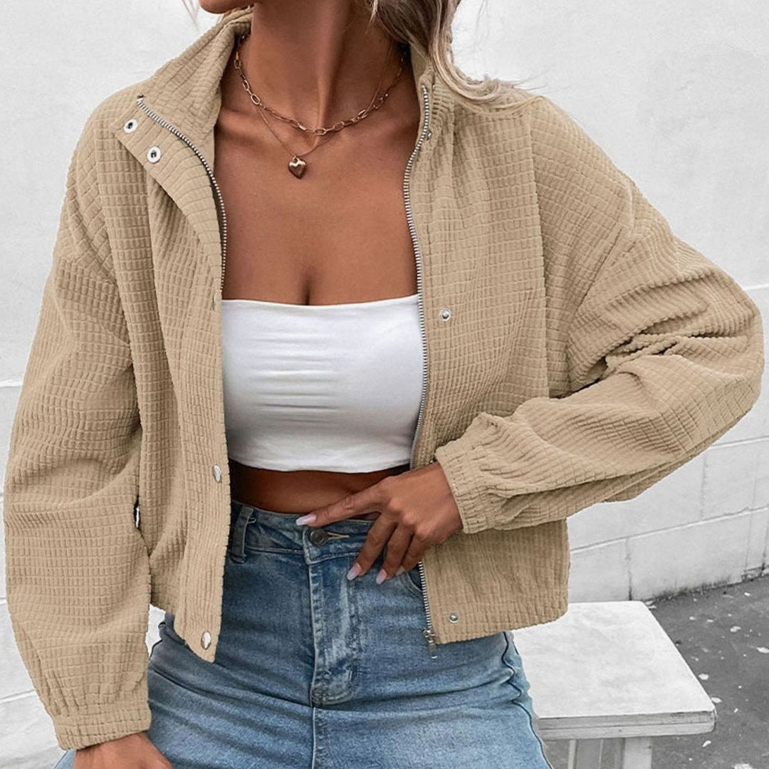 Evelyn | Women's Cropped Waffle-Knit Button-Front Stand-Collar Jacket