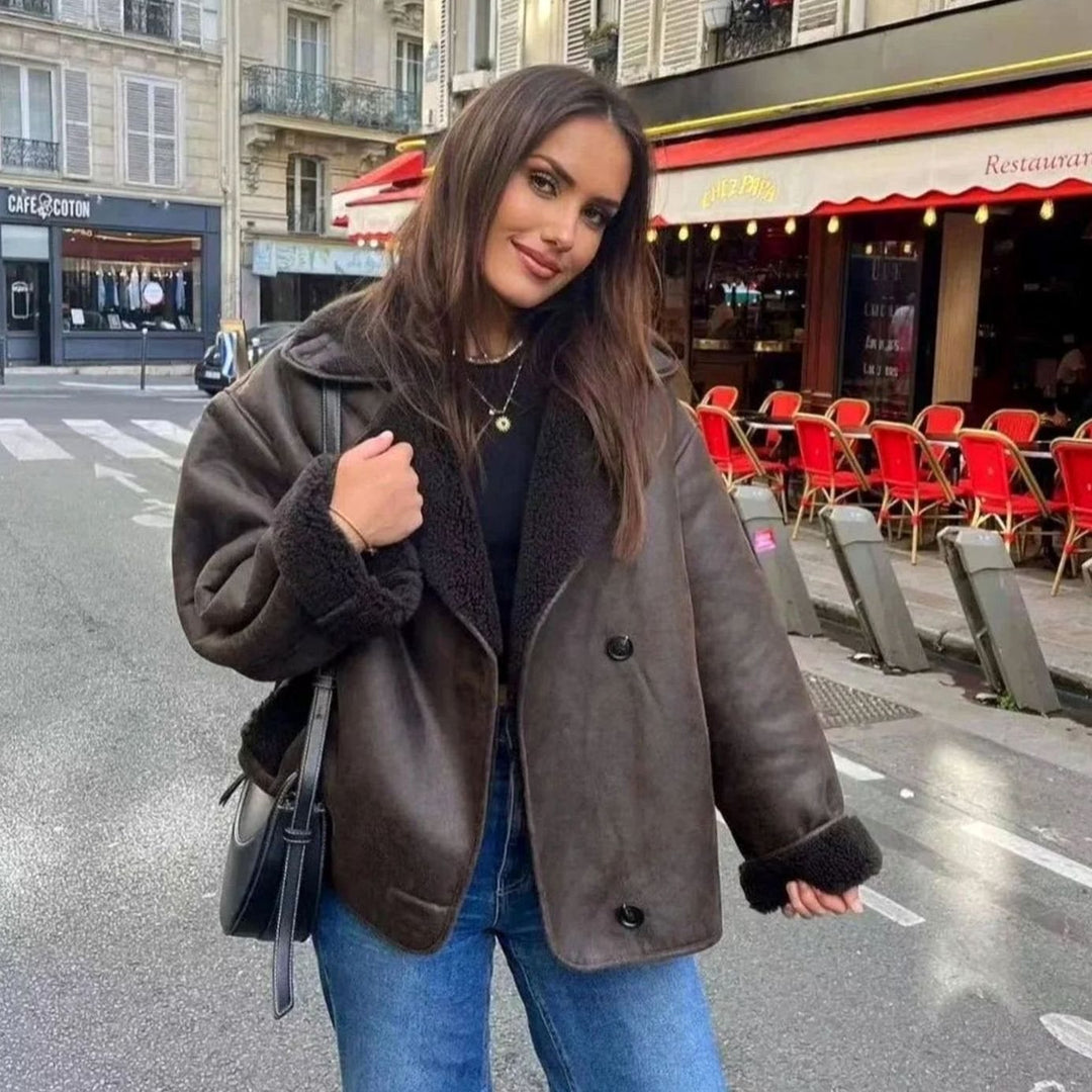 Charlotte | Women's Dark Brown Oversized Shearling-Lined Faux Leather Blazer