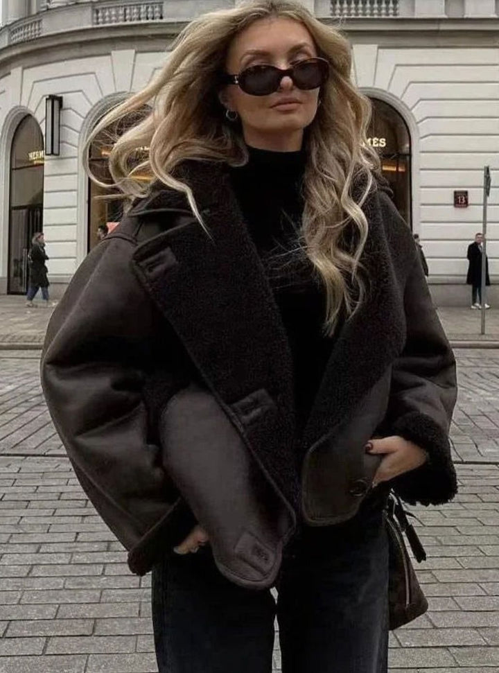Charlotte | Women's Dark Brown Oversized Shearling-Lined Faux Leather Blazer
