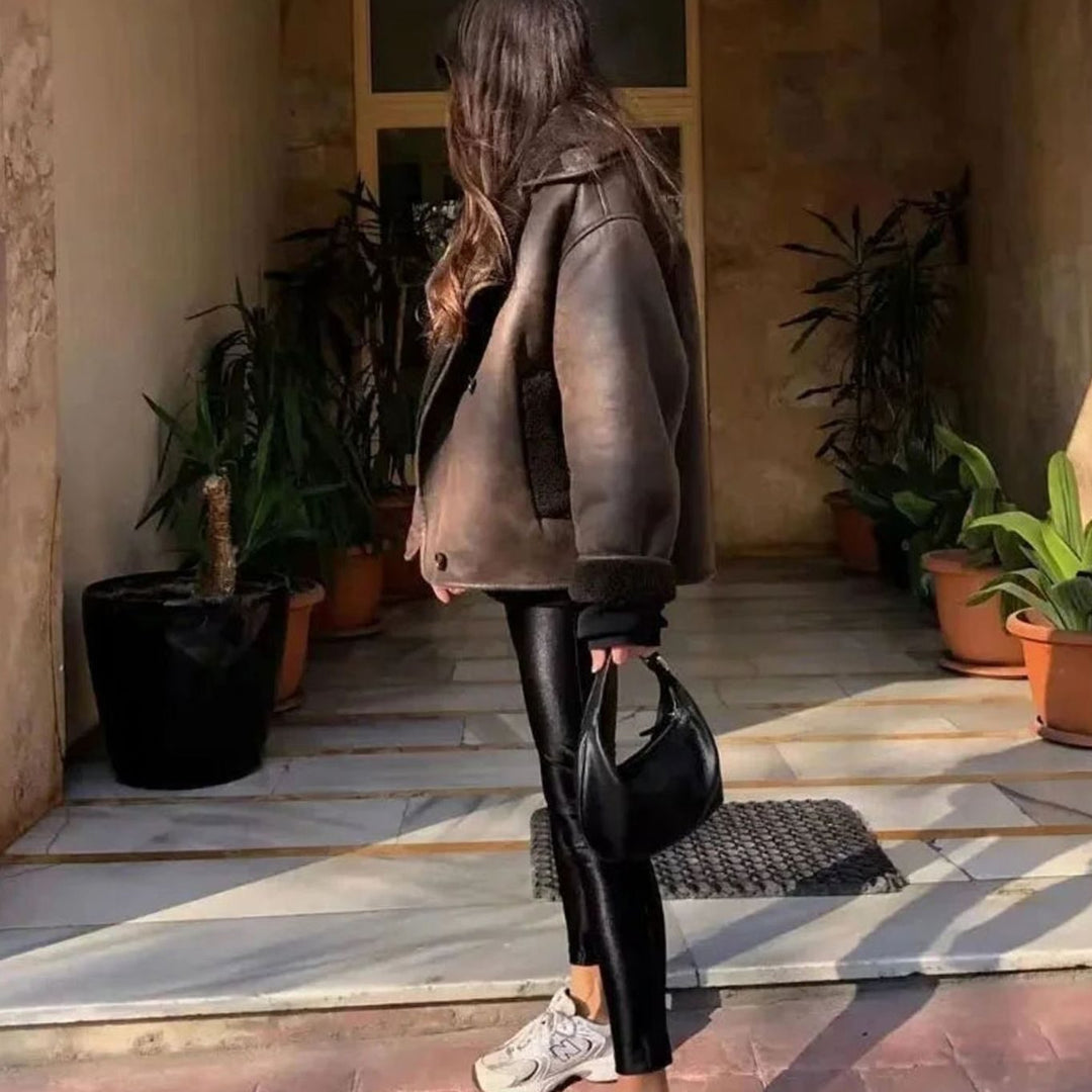 Charlotte | Women's Dark Brown Oversized Shearling-Lined Faux Leather Blazer