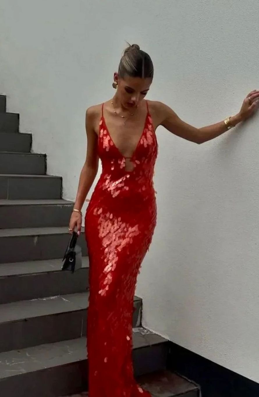 Emma | Women's Deep V-Neck Spaghetti Strap Sequin Maxi Dress