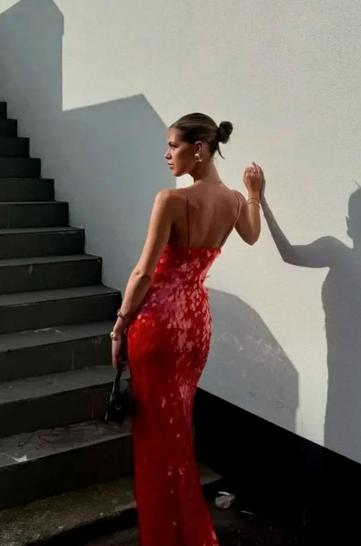 Emma | Women's Deep V-Neck Spaghetti Strap Sequin Maxi Dress