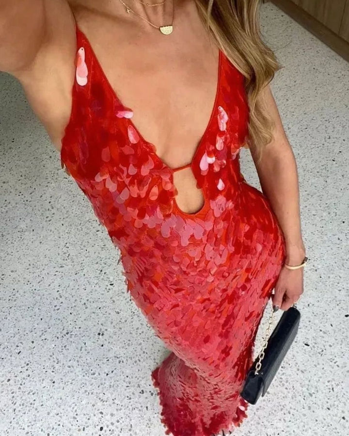 Emma | Women's Deep V-Neck Spaghetti Strap Sequin Maxi Dress