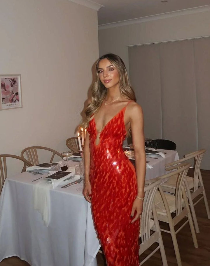 Emma | Women's Deep V-Neck Spaghetti Strap Sequin Maxi Dress