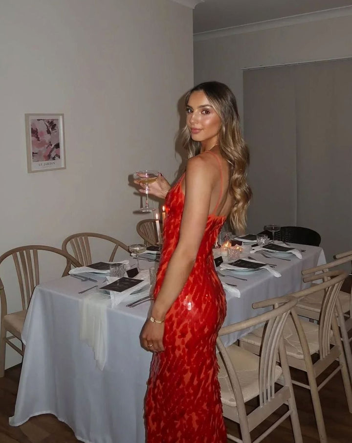 Emma | Women's Deep V-Neck Spaghetti Strap Sequin Maxi Dress