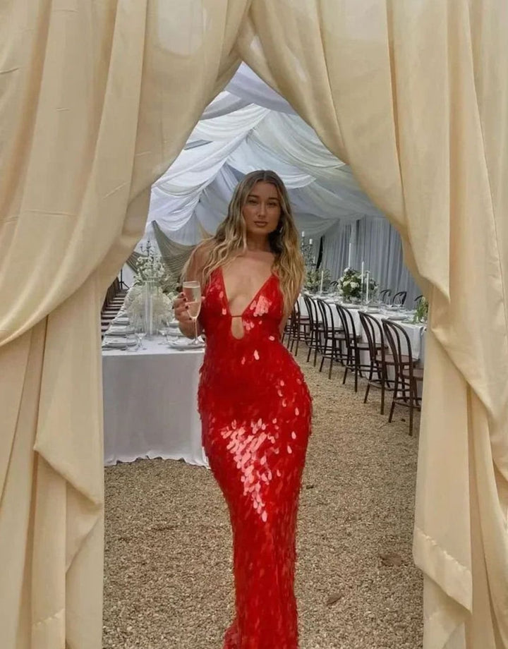 Emma | Women's Deep V-Neck Spaghetti Strap Sequin Maxi Dress