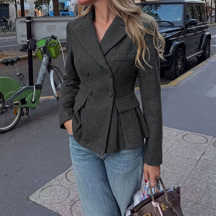 Ella | Women's Double-Breasted Peplum Blazer Long Sleeve Flap-Pocket