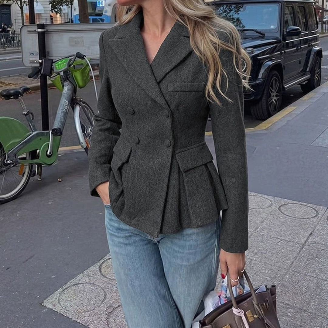 Ella | Women's Double-Breasted Peplum Blazer Long Sleeve Flap-Pocket
